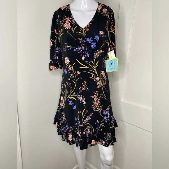 CeCe NWT Black Floral Ruffle Dress - Picture 2 of 9